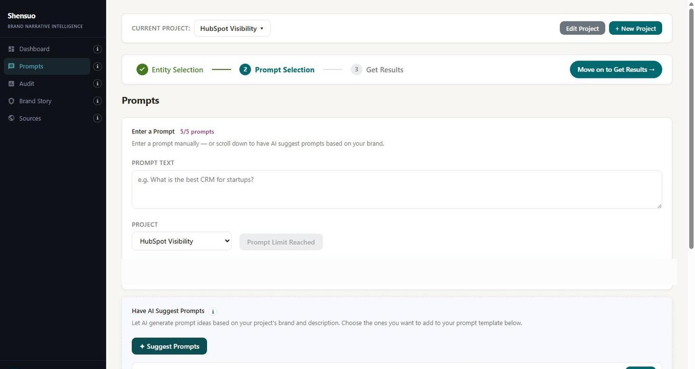 AI-generated prompt suggestions as clickable pills with + Add buttons